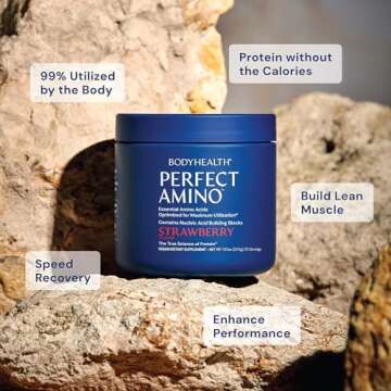 BodyHealth PerfectAmino Powder - BCAA and EAA Powder for Pre and Post Workout - Amino Acid Energy Drink for Men and Women to Support Lean Muscle and Recovery - Strawberry - 30 Servings