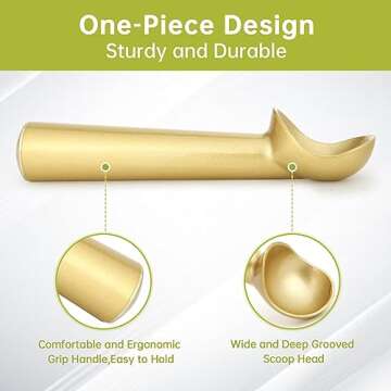 Ice Cream Scoop,7 inches Nonstick Anti-Freeze One Piece Aluminum Scooper Spoon, Heavy Duty Durable Design, Easy Clean, for Gelato, Cookie Dough, Sorbet, Almond (Gold)