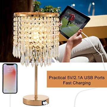 Gold Crystal Table Lamp with 2 USB Ports,3-Way Touch Dimmable,Elegant Bedside Light for Bedroom,Livi...