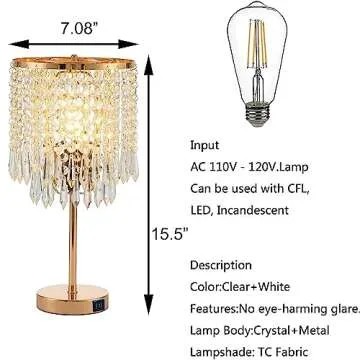 Gold Crystal Table Lamp with 2 USB Ports,3-Way Touch Dimmable,Elegant Bedside Light for Bedroom,Living Room,Dresser