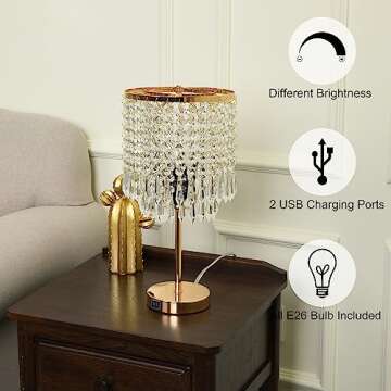 Gold Crystal Table Lamp with 2 USB Ports,3-Way Touch Dimmable,Elegant Bedside Light for Bedroom,Living Room,Dresser