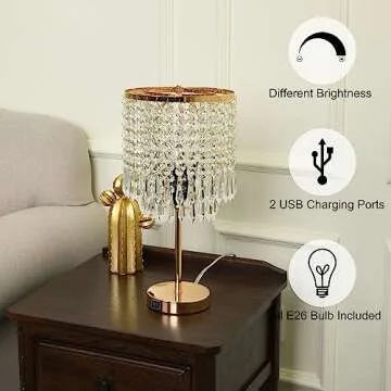 Gold Crystal Table Lamp with 2 USB Ports,3-Way Touch Dimmable,Elegant Bedside Light for Bedroom,Living Room,Dresser