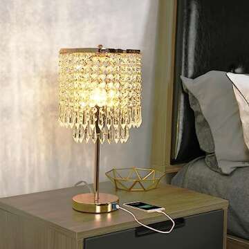 Gold Crystal Table Lamp with 2 USB Ports,3-Way Touch Dimmable,Elegant Bedside Light for Bedroom,Living Room,Dresser