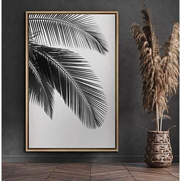 SIGNFORD Framed Canvas Print Wall Art Palm Leaf Trio Botanical Wilderness Photography Realism Minimalist Relax/Calm Duotone Black and White for Living Room, Bedroom, Office - 16"x24" Natural