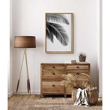 SIGNFORD Framed Canvas Print Wall Art Palm Leaf Trio Botanical Wilderness Photography Realism Minimalist Relax/Calm Duotone Black and White for Living Room, Bedroom, Office - 16"x24" Natural