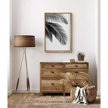 SIGNFORD Framed Canvas Print Wall Art Palm Leaf Trio Botanical Wilderness Photography Realism Minimalist Relax/Calm Duotone Black and White for Living Room, Bedroom, Office - 16"x24" Natural