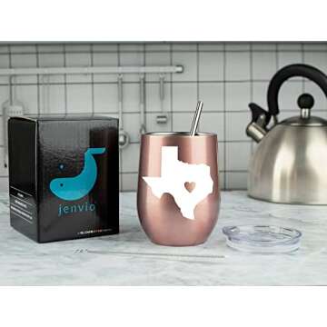 JENVIO Texas Gifts - Stainless Steel Wine or Coffee Travel Tumbler with Laser Etched Design - Themed State Decor for Women Husband Christmas Gift (12 Ounce Rose Gold)