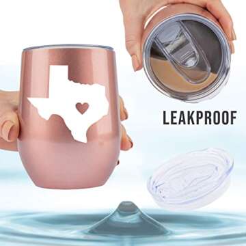 JENVIO Texas Gifts - Stainless Steel Wine or Coffee Travel Tumbler with Laser Etched Design - Themed State Decor for Women Husband Christmas Gift (12 Ounce Rose Gold)