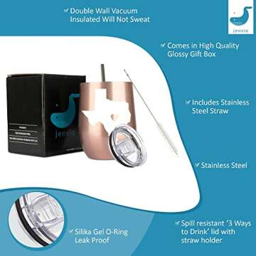 JENVIO Texas Gifts - Stainless Steel Wine or Coffee Travel Tumbler with Laser Etched Design - Themed State Decor for Women Husband Christmas Gift (12 Ounce Rose Gold)