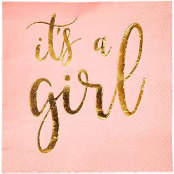 Sparkle and Bash 50 Pack It's a Girl Napkins for Baby Shower - Gold Foil Party Supplies (3 Ply, 5x5 ...