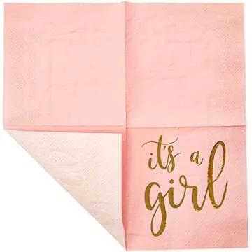 Sparkle and Bash 50 Pack It's a Girl Napkins for Baby Shower - Gold Foil Party Supplies (3 Ply, 5x5 In) - Baby Girl Napkins - Baby Shower Napkins - Its a Girl Cocktail Napkins