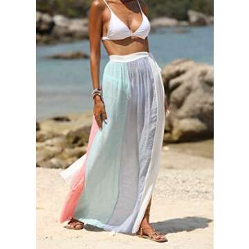Eicolorte Beach Sarong Pareo Womens Semi-Sheer Swimwear Cover Ups Short Skirt with Tassels (65-Colorblock-(us 4-12))
