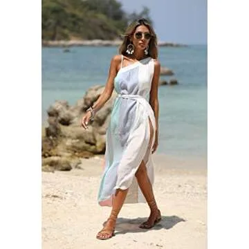 Eicolorte Beach Sarong Pareo Womens Semi-Sheer Swimwear Cover Ups Short Skirt with Tassels (65-Colorblock-(us 4-12))