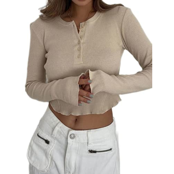 Women Sexy Long Sleeve Button Henley Tee Shirt - Y2K Style
