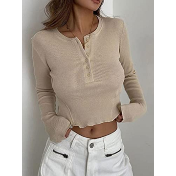 Women Sexy Long Sleeve Button Henley Tee Shirt - Y2K Style