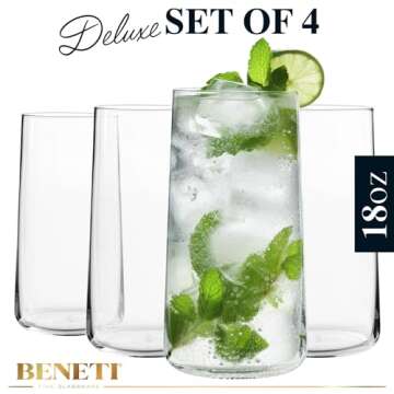 BENETI Modern Crystal Glass Cups, Tall Highball Drinking Glasses Set of 4 | Made in Europe | Water a...