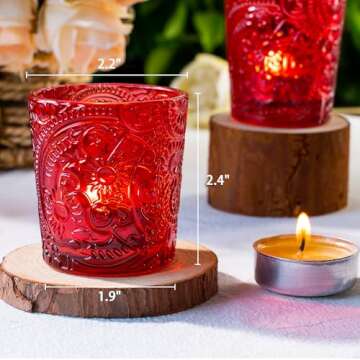28 Pack Sun Moon Star Embossed Glass Tea Light Candle Holders - Votive Candle Holders for Wedding, Party, Home Decor, and Table Centerpieces (Ruby Red)