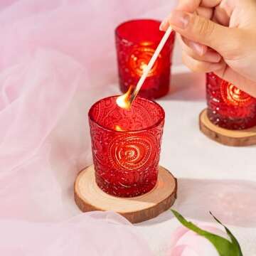 28 Pack Sun Moon Star Embossed Glass Tea Light Candle Holders - Votive Candle Holders for Wedding, Party, Home Decor, and Table Centerpieces (Ruby Red)
