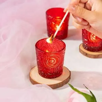 28 Pack Sun Moon Star Embossed Glass Tea Light Candle Holders - Votive Candle Holders for Wedding, Party, Home Decor, and Table Centerpieces (Ruby Red)