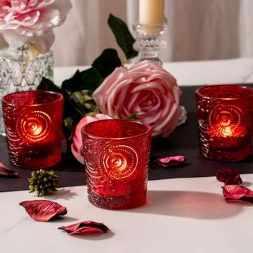 28 Pack Sun Moon Star Embossed Glass Tea Light Candle Holders - Votive Candle Holders for Wedding, Party, Home Decor, and Table Centerpieces (Ruby Red)