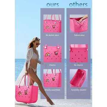 Beach Bag Rubber Tote Bag - Waterproof Travel Bag for Women Washable Tote Bag Handbag for Sports Beach Market Pool (Rose red, Large)