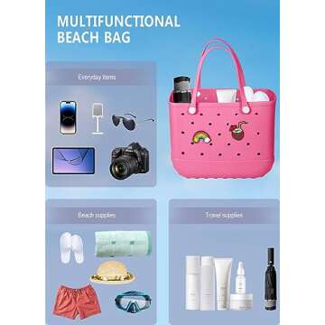 Beach Bag Rubber Tote Bag - Waterproof Travel Bag for Women Washable Tote Bag Handbag for Sports Beach Market Pool (Rose red, Large)