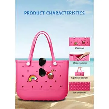 Beach Bag Rubber Tote Bag - Waterproof Travel Bag for Women Washable Tote Bag Handbag for Sports Beach Market Pool (Rose red, Large)