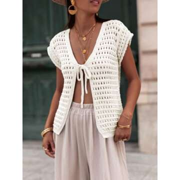 Saodimallsu Womens Tie Crochet Shrug Short Sleeve Open Front Lightweight Knit Cropped Cardigan Sweaters Cover Up White