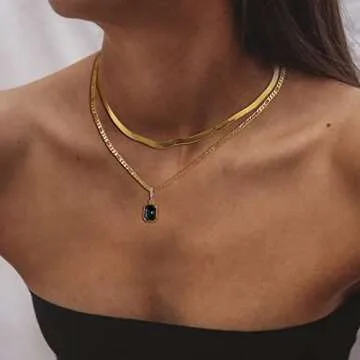ACECHA Gold Layered Necklaces for Women, 18K Gold Plated Emerald Pendant Rectangle Necklaces for Teen, Layering Choker Necklace Jewelry Gifts (Black)