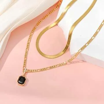 ACECHA Gold Layered Necklaces for Women, 18K Gold Plated Emerald Pendant Rectangle Necklaces for Teen, Layering Choker Necklace Jewelry Gifts (Black)