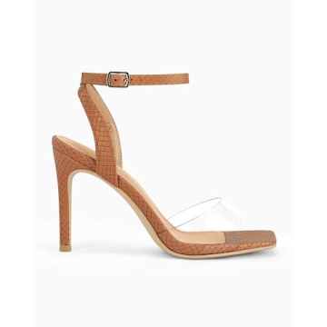 Coutgo Womens Clear Heels Sandals Square Toe Ankle Strap Sexy High Heeled Stiletto Dress Shoes, Brown, Size 5.5