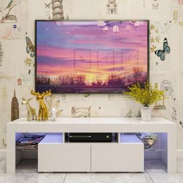 DMAITH LED TV Stand for 50/55/60/65/70 Inch TV, 63 Inch TV Stand with LED Lights, White Modern Enter...