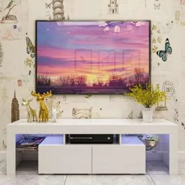 DMAITH LED TV Stand for 50/55/60/65/70 Inch TV, 63 Inch TV Stand with LED Lights, White Modern Enter...