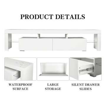 DMAITH LED TV Stand for 50/55/60/65/70 Inch TV, 63 Inch TV Stand with LED Lights, White Modern Entertainment Center with Large Storage Drawers and Open Shelves, TV Console for Living Room, Bedroom