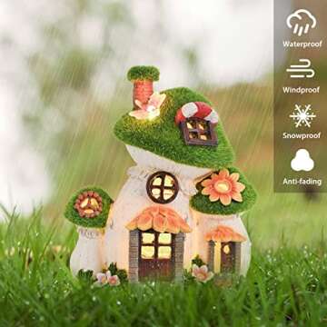 TERESA'S COLLECTIONS Moss Fairy House Garden Statues with Solar Lights, Cute Big & Mini Mushroom Resin Cottage Figurines Lawn Ornaments Outdoor Gifts for Outside Flower Garden Patio Yard Decor, 8.7"
