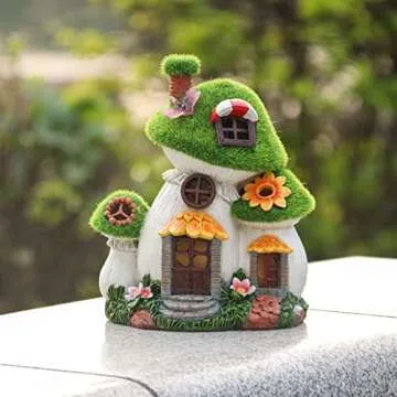 TERESA'S COLLECTIONS Moss Fairy House Garden Statues with Solar Lights, Cute Big & Mini Mushroom Resin Cottage Figurines Lawn Ornaments Outdoor Gifts for Outside Flower Garden Patio Yard Decor, 8.7"