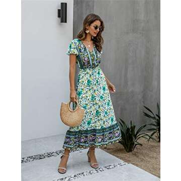Saslax Women's Maxi Dresses Casual Floral Short Sleeve V Neck High Waist Button Up Boho Dress, Green Small