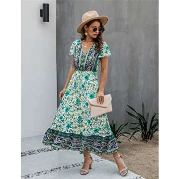 Saslax Women's Maxi Dresses Casual Floral Short Sleeve V Neck High Waist Button Up Boho Dress, Green Small