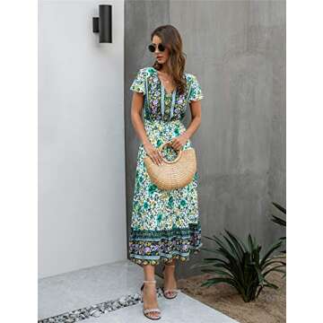 Saslax Women's Maxi Dresses Casual Floral Short Sleeve V Neck High Waist Button Up Boho Dress, Green Small