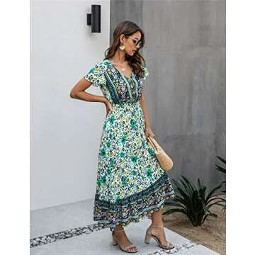 Saslax Women's Maxi Dresses Casual Floral Short Sleeve V Neck High Waist Button Up Boho Dress, Green Small