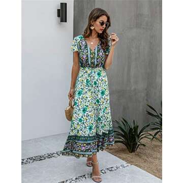 Saslax Women's Maxi Dresses Casual Floral Short Sleeve V Neck High Waist Button Up Boho Dress, Green Small