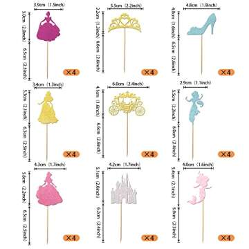 36 PCS Princess Cupcake Toppers Glitter Mermaid Girl Castle Carriage High Heel Crown Cupcake Picks F...