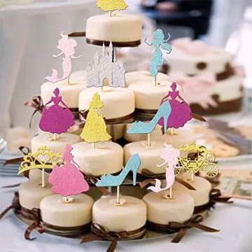 36 PCS Princess Cupcake Toppers Glitter Mermaid Girl Castle Carriage High Heel Crown Cupcake Picks Fairytale Princess Theme Baby Shower Girls Birthday Party Cake Decorations Supplies Colorful