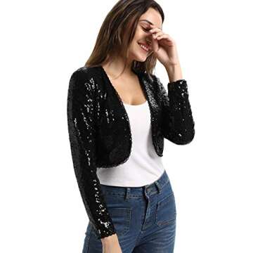 Belle Poque Women's 1920s Sequin Bolero Jacket for Bridesmaid Dress Open Front Cropped Shrug Sparkly Giltter Coat (Black,M)