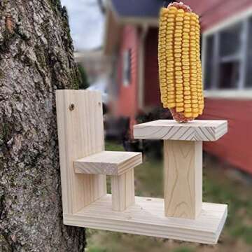 Squirrel Feeder with Corn Holder and Chair Made of Premium Quality Natural Cedar Wood – Squirrel Feeders for Outside Trees are a Great Gift for Grandpa