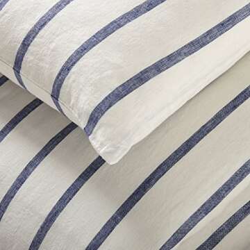 Amazon Brand – Stone & Beam Modern Farmhouse Striped 100% Linen Duvet Cover Set with Ties, Full / Queen, Blue and White