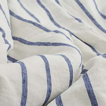 Amazon Brand – Stone & Beam Modern Farmhouse Striped 100% Linen Duvet Cover Set with Ties, Full / Queen, Blue and White