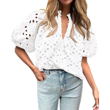 BTFBM Women's Casual Eyelet Lace Blouse 2025 - Stylish V-Neck Top for Summer