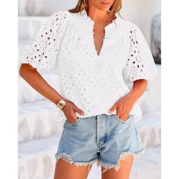 BTFBM Women's Eyelet Lace Blouse for Summer Style