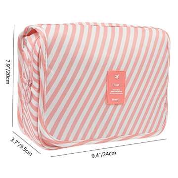 Portable Waterproof Travel Kit Toiletry Cosmetic Bag Hanging Hook for Men Women Pink Stripes